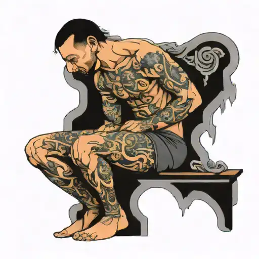 man kneeling before the stairs to heaven gates tattoo design idea