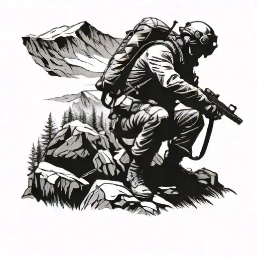 A silhouette of a commando medic performing a rescue mission in the mountains tattoo design idea