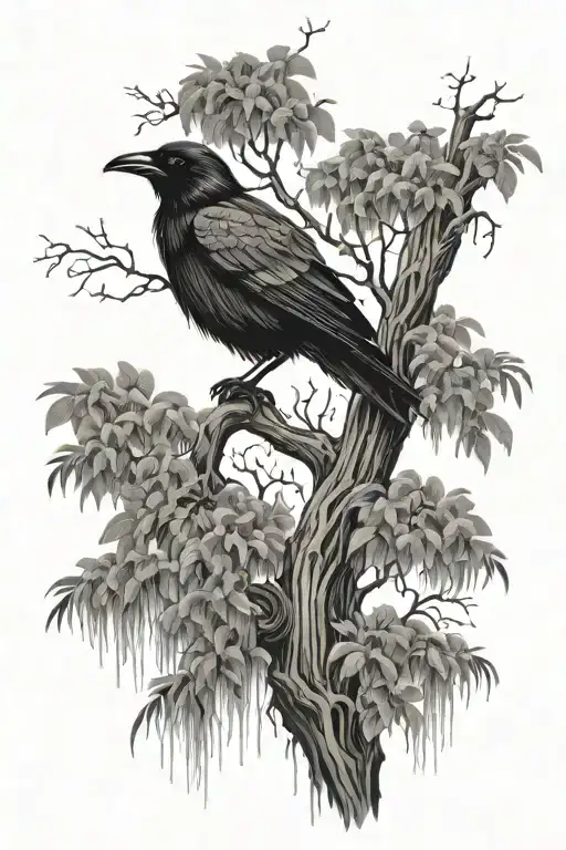 willow tree and raven perched tattoo design idea