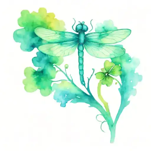 4 leaf clover with dragonfly perched tattoo design idea