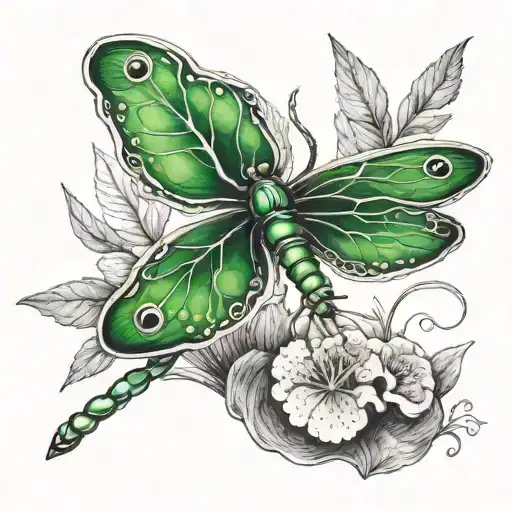 4 leaf clover with dragonfly perched tattoo design idea