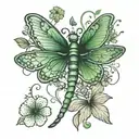 4 leaf clover with dragonfly perched tattoo design idea