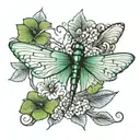 4 leaf clover with dragonfly perched tattoo design idea