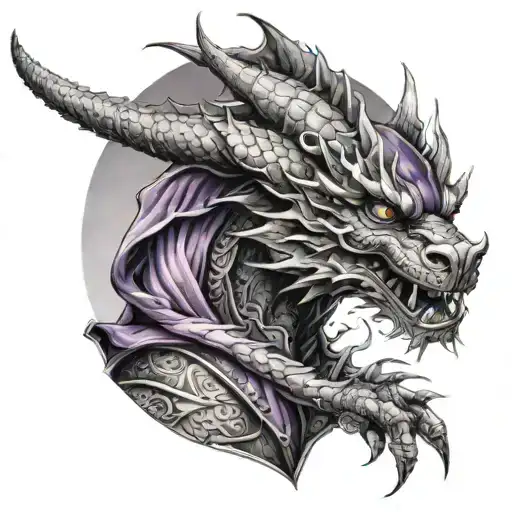 Year of the dragon 18th Of April star sign, XVIII, A hooded warrior, Black/Grey/Purple  tattoo design idea