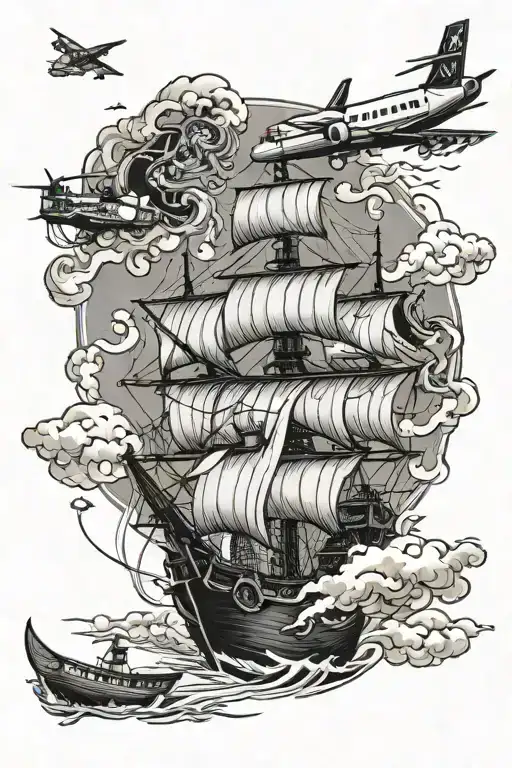 pirate ship airplane flying tattoo design idea