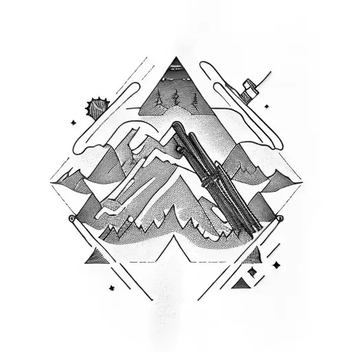 A mountain bike silhouette surrounded by intricate carpentry tools tattoo design idea