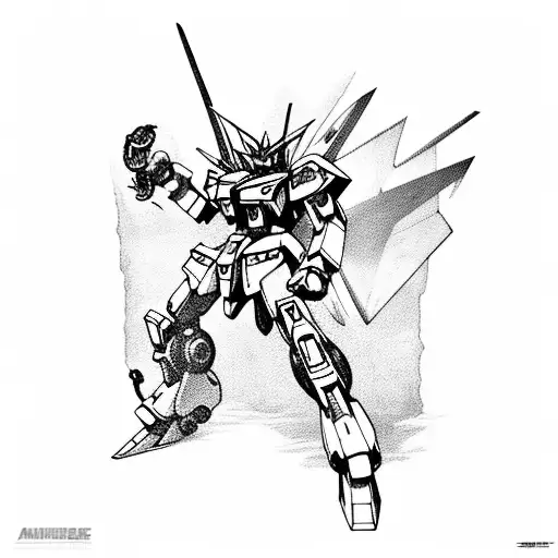A Gundam mech battling a terrifying horror creature in a sci-fi landscape tattoo design idea