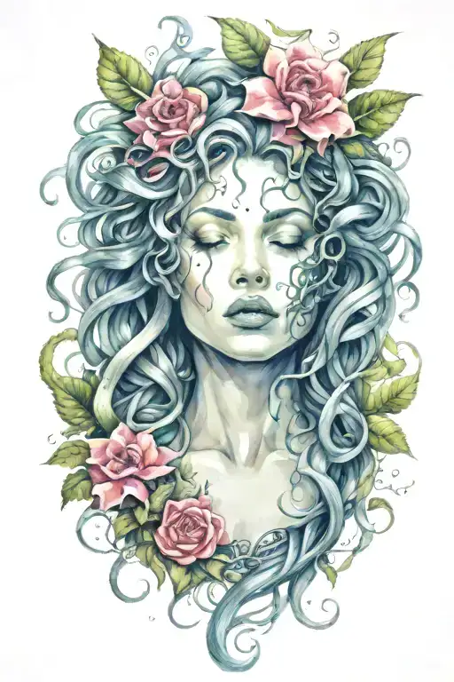Medusa screaming and crying. Snakes as hair. bleeding flowers and forest fruits with thorns in background tattoo design idea