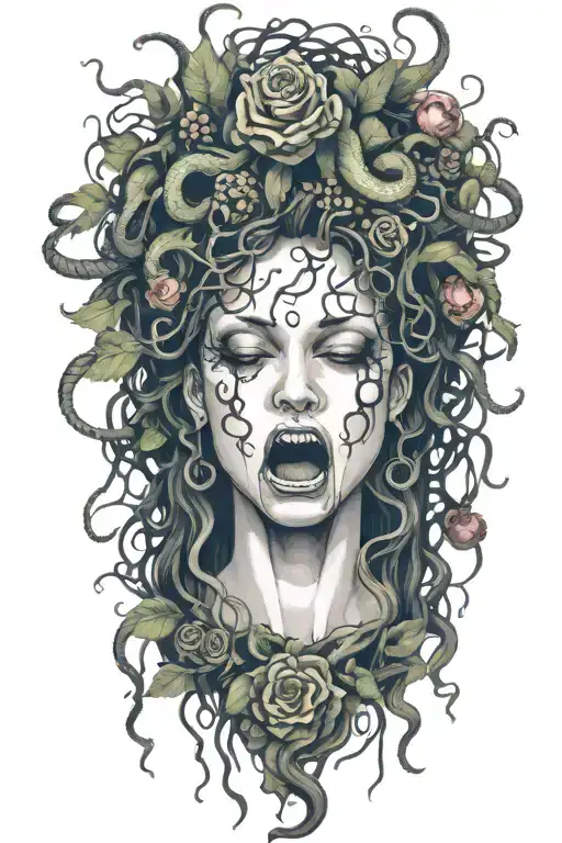 Medusa screaming and crying. Snakes as hair. bleeding flowers and forest fruits with thorns in background tattoo design idea