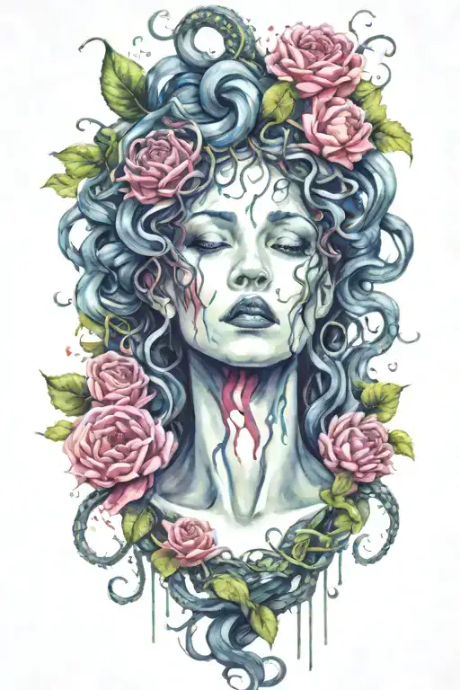 Medusa screaming and crying. Snakes as hair. bleeding flowers and forest fruits with thorns in background tattoo design idea
