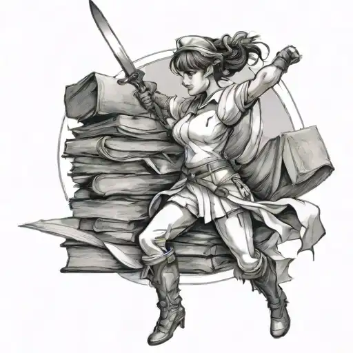 Create a tattoo of a nurse warrior wielding a sword made of books tattoo design idea