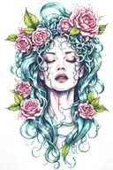 Medusa screaming and crying. Snakes as hair. bleeding flowers and forest fruits with thorns in background tattoo design idea