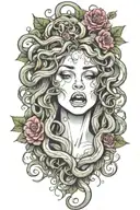 Medusa screaming and crying. Snakes as hair. bleeding flowers and forest fruits with thorns in background tattoo design idea
