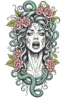 Medusa screaming and crying. Snakes as hair. bleeding flowers and forest fruits with thorns in background tattoo design idea