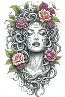 Medusa screaming and crying. Snakes as hair. bleeding flowers and forest fruits with thorns in background tattoo design idea