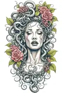 Medusa screaming and crying. Snakes as hair. bleeding flowers and forest fruits with thorns in background tattoo design idea