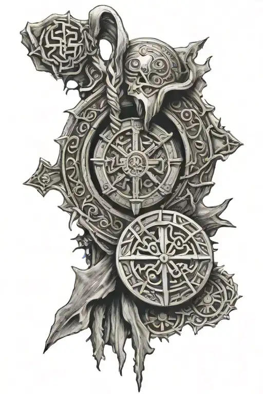 Viking ruins with the Saint Benedict medal and suggestions tattoo design idea