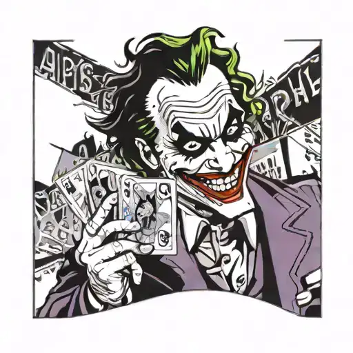 the joker from batman from the 1992 cartoon rejoicing and holding a joker card in his hand and there are notes on the ba tattoo design idea
