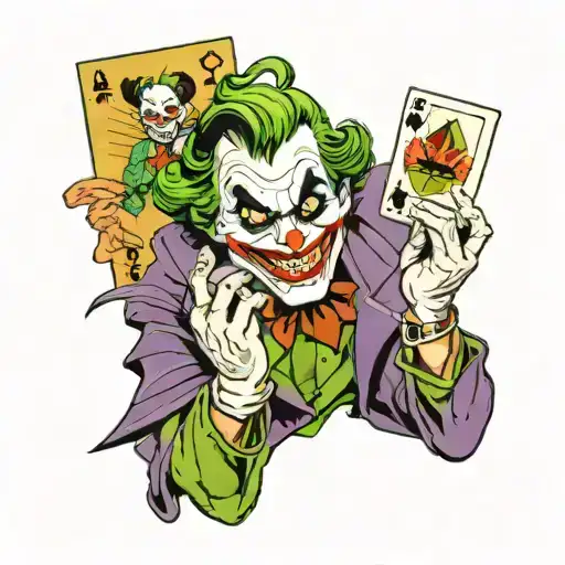 the joker from batman from the 1992 cartoon rejoicing and holding a joker card in his hand  tattoo design idea