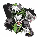 the joker from batman from the 1992 cartoon rejoicing and holding a joker card in his hand  tattoo design idea