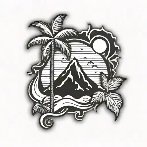 canary islands mixed with volcano, sea and palm tree tattoo design idea