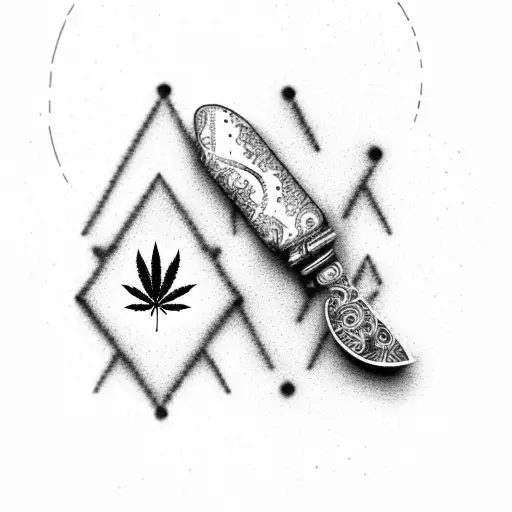 A dotwork design of a cannabis leaf morphing into a gavel tattoo design idea