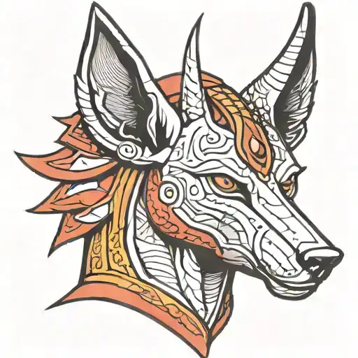 Head of the god Anubis with prevalence of red color  tattoo design idea