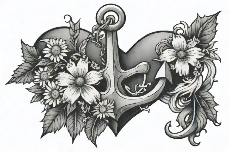 heart,anchor with daisies and holly flower tattoo design idea