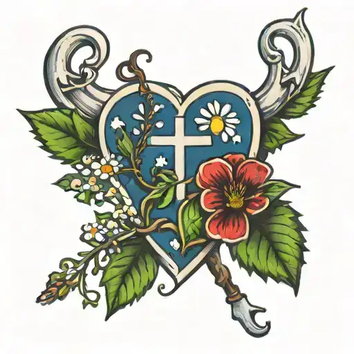 daises, winter holly, heart and anchor intertwined tattoo design idea