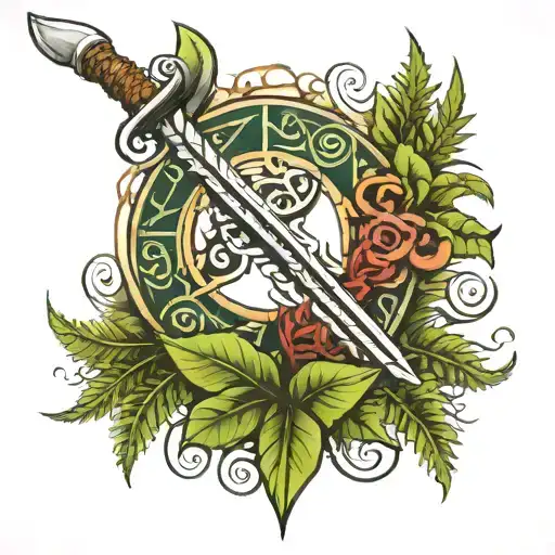 Polynesian tribal patterns intertwined with a sword and ferns tattoo design idea