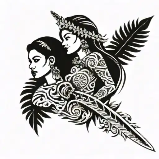 Polynesian tribal pattern with a sword piercing and with a mother and daughter walking together, a bunch of ferns tattoo design idea