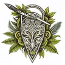 Polynesian tribal patterns intertwined with a sword and ferns tattoo design idea