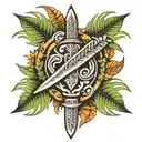 Polynesian tribal patterns intertwined with a sword and ferns tattoo design idea
