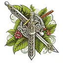 Polynesian tribal patterns intertwined with a sword and ferns tattoo design idea