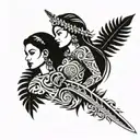 Polynesian tribal pattern with a sword piercing and with a mother and daughter walking together, a bunch of ferns tattoo design idea