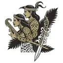 Polynesian tribal pattern with a sword piercing and with a mother and daughter walking together, a bunch of ferns tattoo design idea