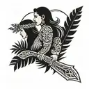 Polynesian tribal pattern with a sword piercing and with a mother and daughter walking together, a bunch of ferns tattoo design idea