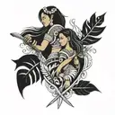 Polynesian tribal pattern with a sword piercing and with a mother and daughter walking together, a bunch of ferns tattoo design idea