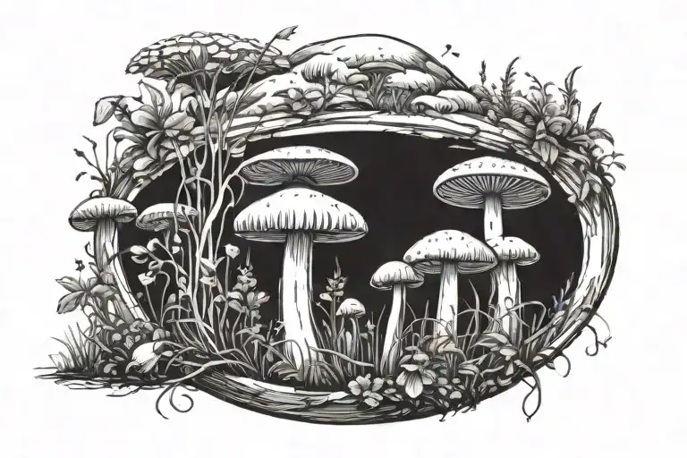 a ring-shaped mushroom meadow growing out of the ground tattoo design idea