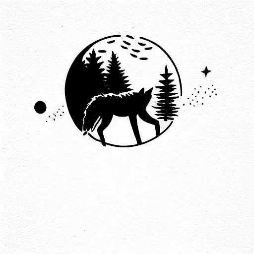 trees and a wolf with full moon tattoo design idea