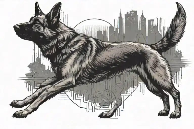 predominant German Shepherd mixed with the name Laika, being walked on a route with the owner tattoo design idea