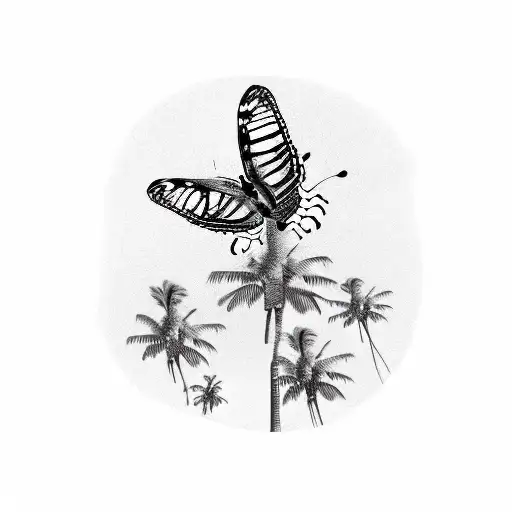 butterfly flying next palm tree n a small hill tattoo design idea