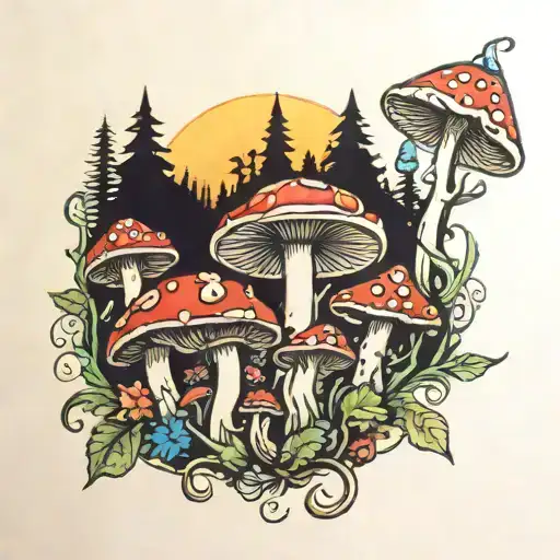 sublime sun psychedelic mushroom forest tattoo design idea