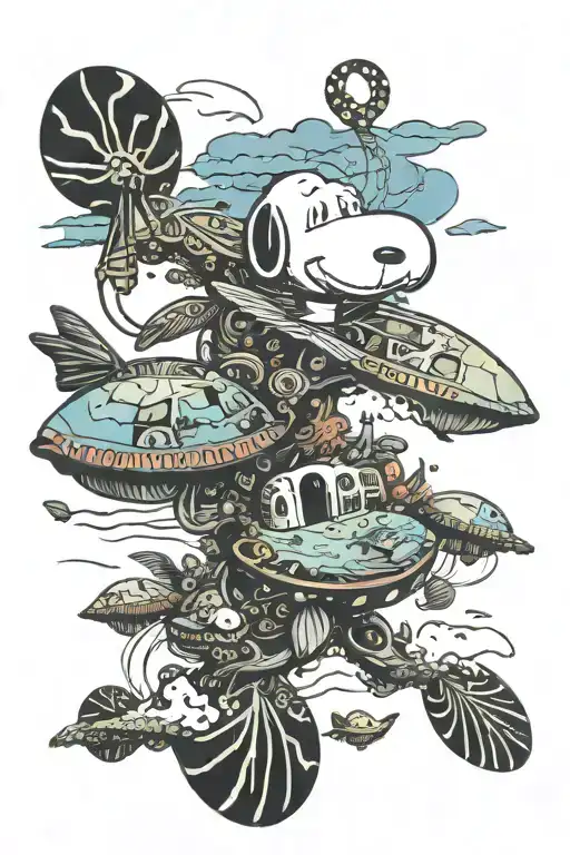 Psychedelic visuals art or dilated pupil Snoopy flying  Oceans Mtjoy background album Bahamas reef or house or lobster  tattoo design idea