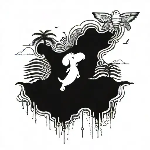 Psychedelic visuals art with a Snoopy flying over an ocean background inspired by the Mtjoy album cover, incorporating elements of a Bahamas reef and a lobster, symbolizing loyalty over love, with a collage of visuals from Instagram tattoo design idea