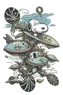 Psychedelic visuals art or dilated pupil Snoopy flying  Oceans Mtjoy background album Bahamas reef or house or lobster  tattoo design idea