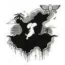 Psychedelic visuals art with a Snoopy flying over an ocean background inspired by the Mtjoy album cover, incorporating elements of a Bahamas reef and a lobster, symbolizing loyalty over love, with a collage of visuals from Instagram tattoo design idea