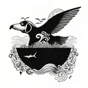 Psychedelic visuals art with a Snoopy flying over an ocean background inspired by the Mtjoy album cover, incorporating elements of a Bahamas reef and a lobster, symbolizing loyalty over love, with a collage of visuals from Instagram tattoo design idea