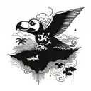 Psychedelic visuals art with a Snoopy flying over an ocean background inspired by the Mtjoy album cover, incorporating elements of a Bahamas reef and a lobster, symbolizing loyalty over love, with a collage of visuals from Instagram tattoo design idea