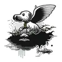 Psychedelic visuals art with a Snoopy flying over an ocean background inspired by the Mtjoy album cover, incorporating elements of a Bahamas reef and a lobster, symbolizing loyalty over love, with a collage of visuals from Instagram tattoo design idea